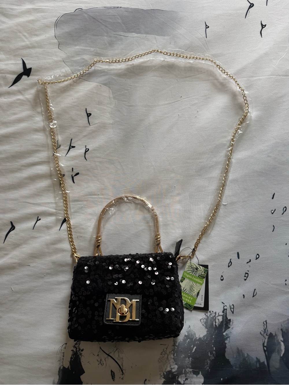 NWT Badgley Mischka Black Sequin Mini Shoulder Bag with Gold Chain